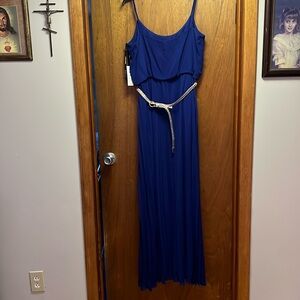 Long royal blue dress with tags never worn with gold belt